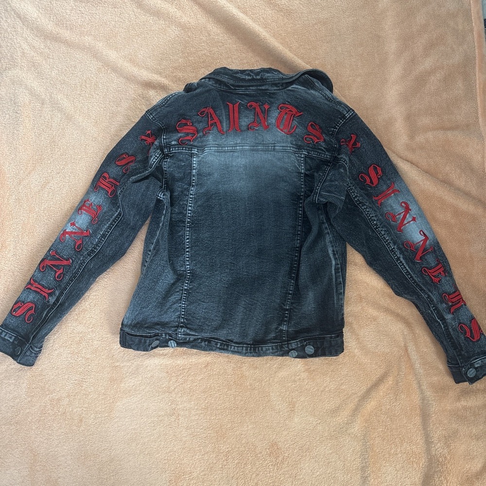 FWRD Denim New York Black Saints Sinners Embroidered Distressed Jacket Sz M EUC